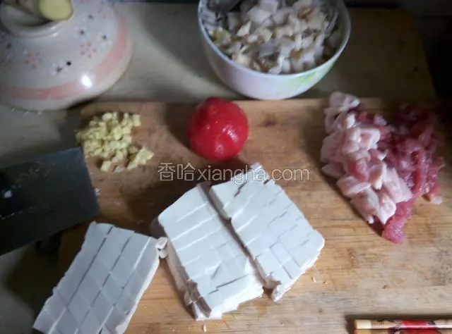 将肉末，西红柿，豆腐，白菜，菜瓜，平菇切丁备用