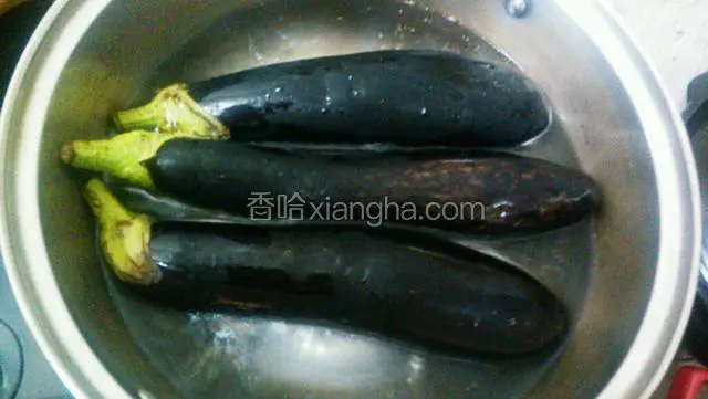 锅里注入清水加一匙盐；茄子用牙签扎一扎下水盖盖子煮，中途要翻一翻。