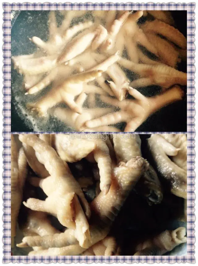 锅里放水烧开，倒入鸡爪焯掉血水，捞出装盘备用