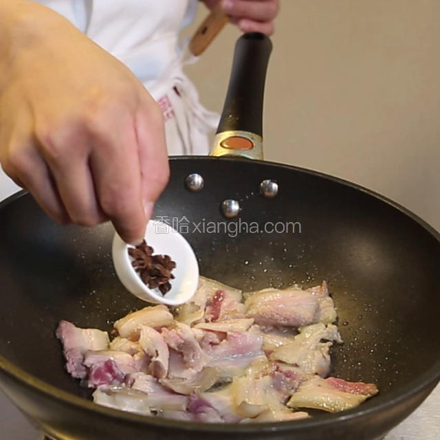 热锅下油，将切好的五花肉大火煸香，再加入大料、葱、姜、蒜、蚝油和老抽继续煸炒。