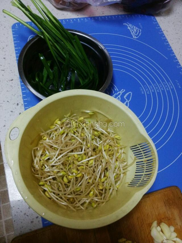 大豆芽摘掉跟，韭菜洗干净待用