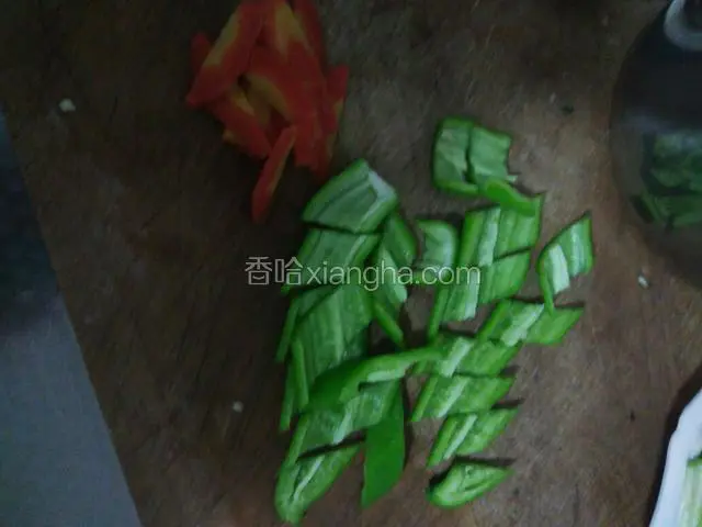 红萝卜改刀切片，青椒破开切块，大蒜，生姜切片