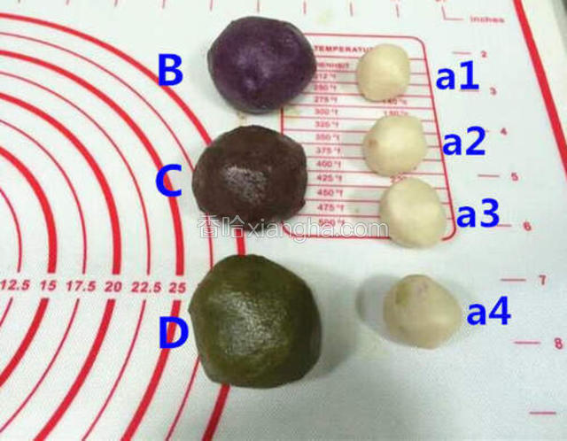利用油皮醒发的时间开始分油酥：油酥和油皮一样称总重，平均分成四份（ABCD），接着把A平均分成4小份a1、a2、a3、a4。B份加入紫薯粉，C份加入可可粉，D份加入抹茶粉。