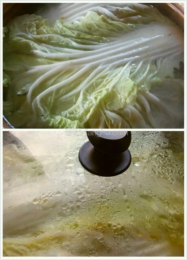 在肉团上盖上大白菜叶，烧开后加锅盖小火炖制3小时。