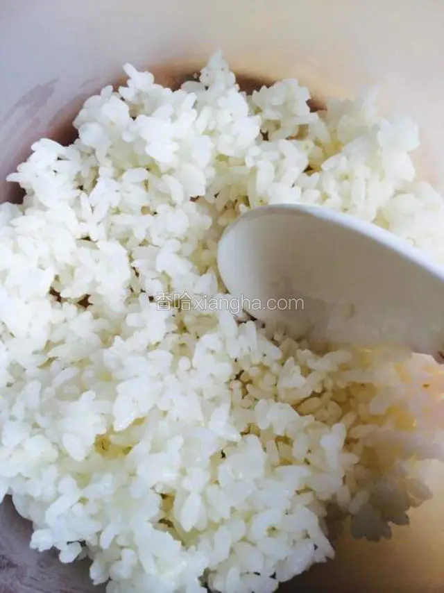 然后继续加入热米饭，搅拌均匀。