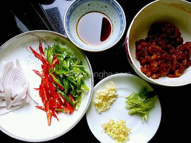 肉切丝，用一点盐、白胡椒粉、花椒水老抽淀粉拌匀，腌制十分钟；青红尖椒、洋葱切丝；葱切斜段、姜蒜切末；取一小碗，将生抽、盐、淀粉加清水拌匀