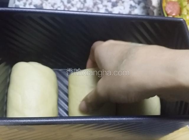 依次排到模具中，面团与面团之间要留有缝隙，然后进行第二次发酵