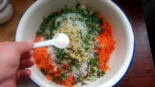 然后把香菜，粉丝，姜，胡萝卜一同放入盆中，加少许盐