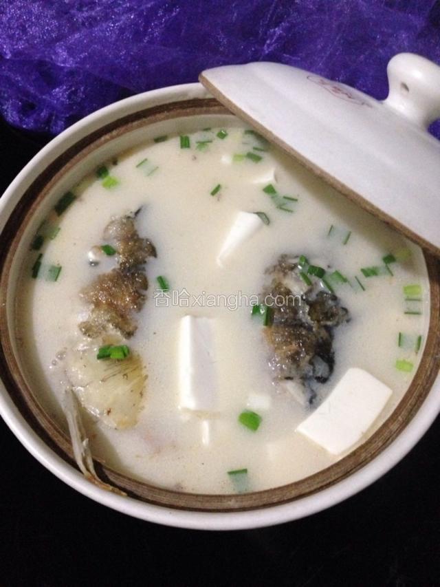 鱼头汤盛入砂锅，撒上青蒜点缀。