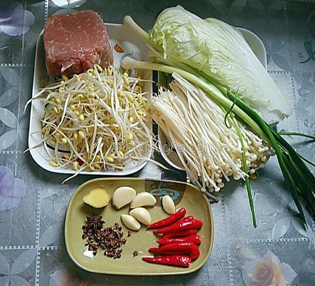 准备食材，瘦肉洗净。大白菜摘几片叶子洗净，撕大片。金针菇去根部洗净，豆芽洗净。葱姜蒜头，蒜苗，小红辣椒摘洗干净。