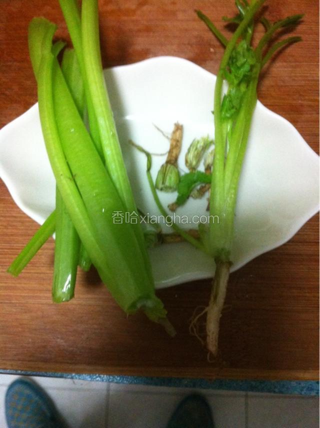 芹菜，香菜梗（根）洗净切段。