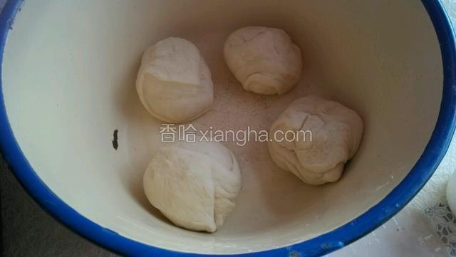 拿出来排气，醒发十五分钟。这些配料能分割成十个这样大小的面团。我根据需要只做四个，其他的做了豆沙面包
