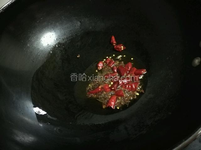 锅中热油，小火炒香花椒和干辣椒圈。