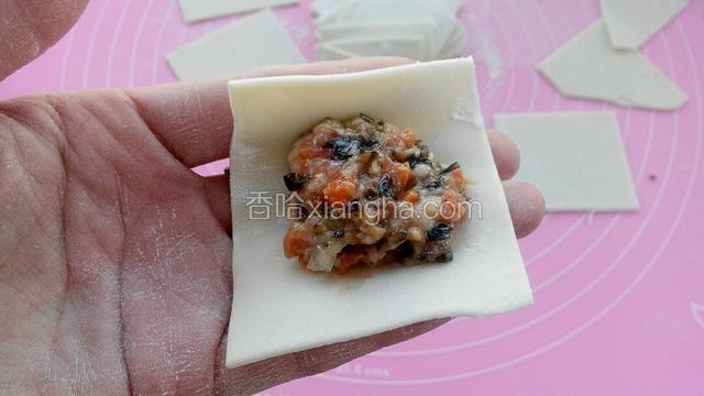 取一个馄饨皮，放适量馅再在中间。