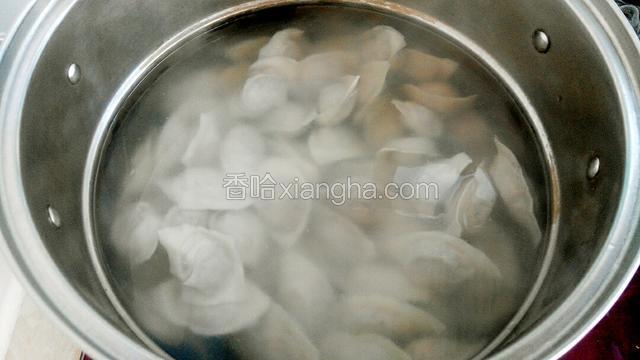 煮馄饨:锅中添适量清水烧开后下入馄饨，用铲刀插底轻轻往上翻，防止馄饨粘连。