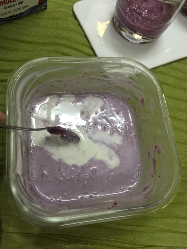 剩余一点蓝莓燕麦酸奶再加点牛奶，调匀，再加入杯子（顺便把容器涮干净了哈）
