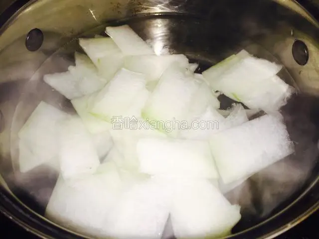 锅里放清水，将冬瓜片下锅开火，大火炖煮。