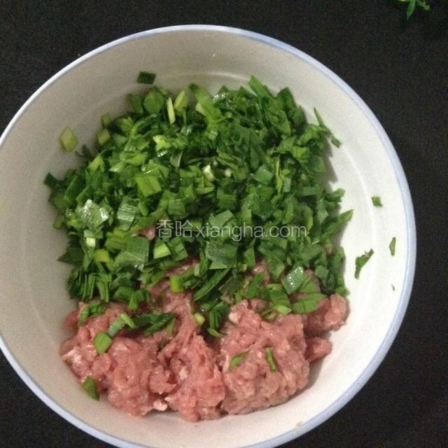 韭菜切末和肉末放一起。