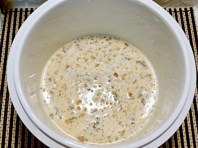 將杏汁倒在燉鍋，再加入桃膠