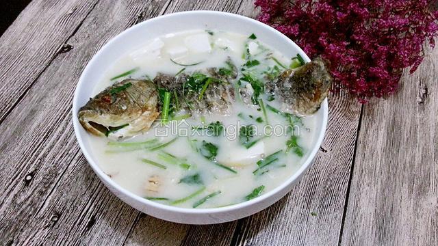 将豆腐放下面，鲫鱼放上面，装盆，撒点香菜