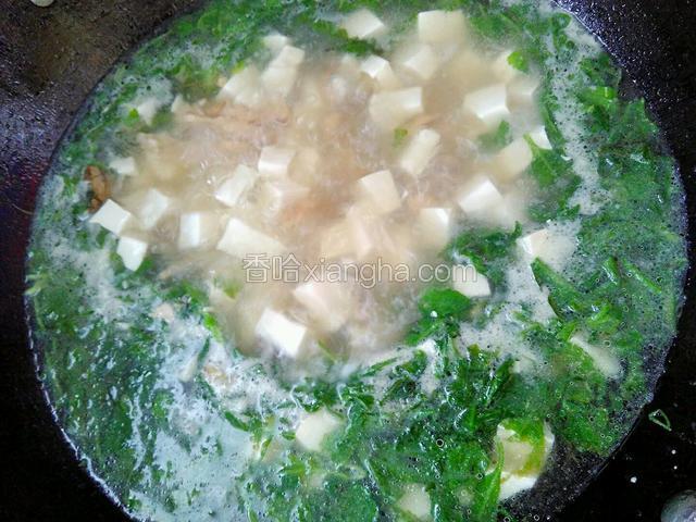 继续煮，煮至汤开。再加一勺食盐，一勺味精。