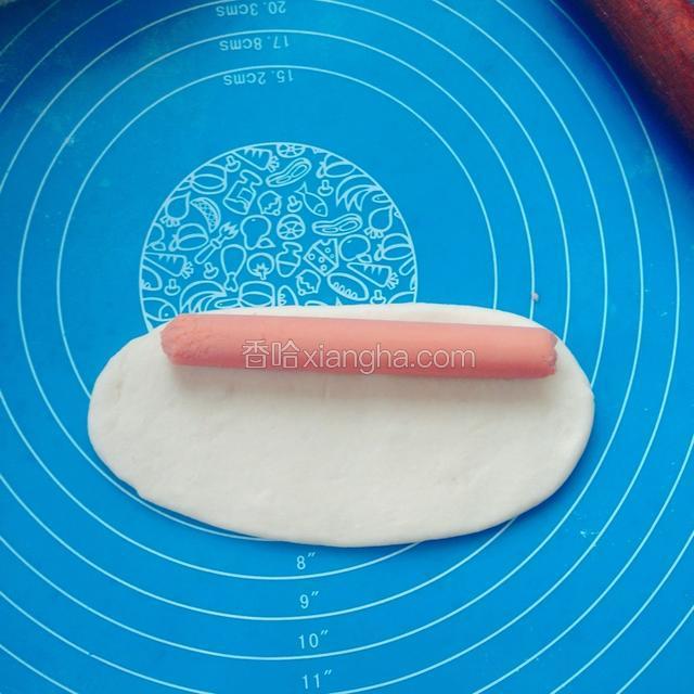 用擀面杖擀成长舌状，放上火腿肠