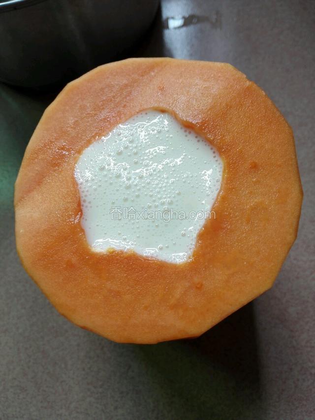 把已经晾凉的椰奶浆倒进已经挖好的木瓜里面。