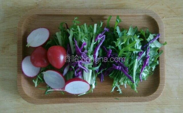 开始做这道酸奶沙拉 在盘子里先铺上蔬菜