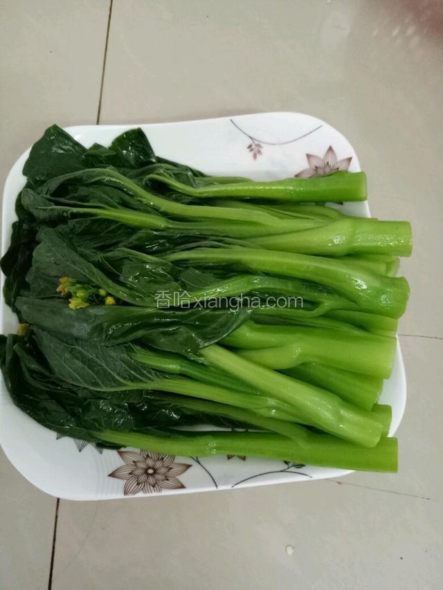将焯熟的菜心整齐摆放盘中