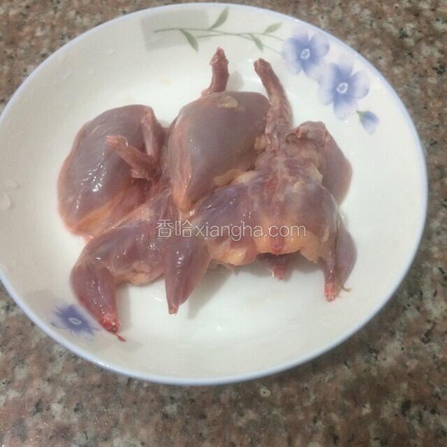 鸽子去毛去头去脚清理干净，洗净去内脏。