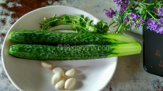 食材洗净，黄瓜切去两头，香菜，大蒜切碎。