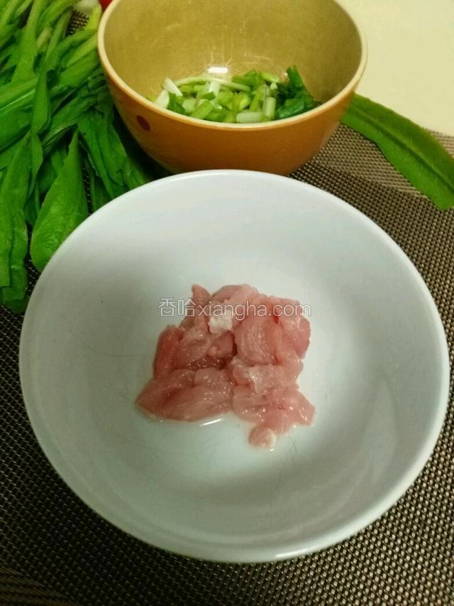 把瘦肉切丝装入碗中备用