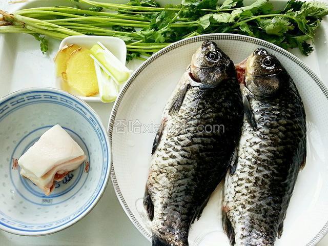 准备食材。鲫鱼请卖家宰杀好；葱从中间破开