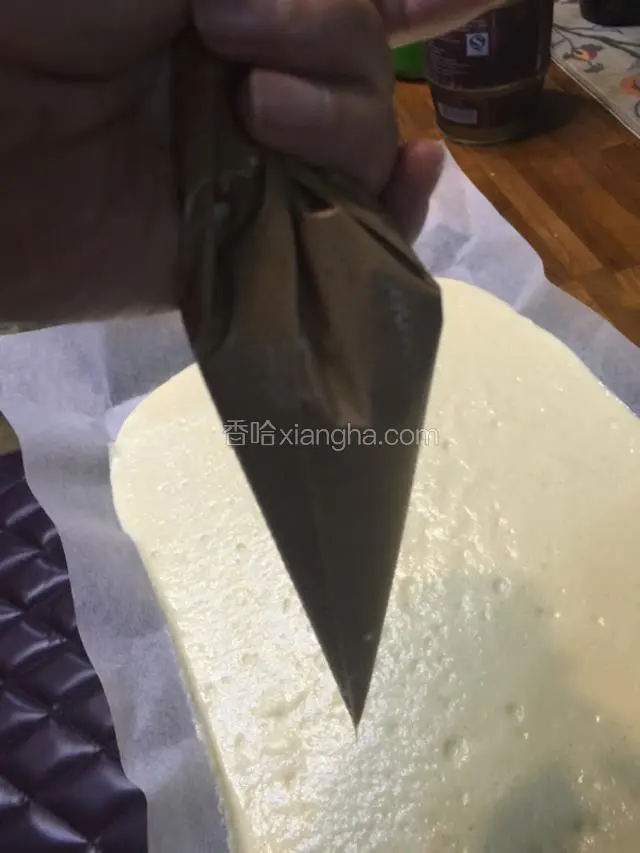 留的少许原色蛋糕糊中筛入5克可可粉搅匀装到裱花袋备用