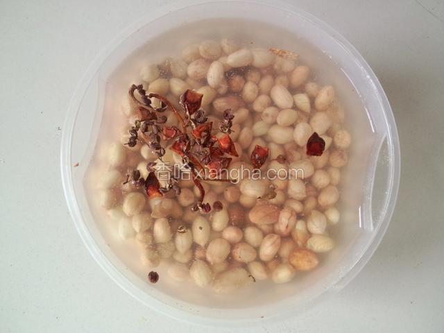 花生米洗干净，加入花椒，八角，盐加入水淹过花生米泡两小时！(再加入其他香料味道更佳)