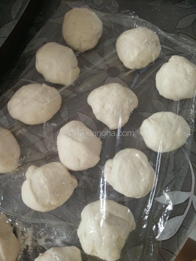 然后分割成大概五十克一个的面团，盖上保鲜膜再醒十五分钟