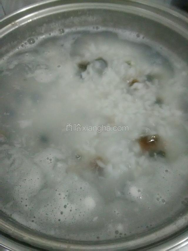 放入瘦肉和皮蛋，加入盐大火煮5分钟，转小火煮30分钟，不时用勺搅动，以免糊锅