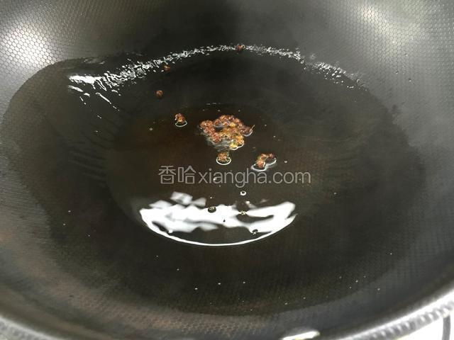 锅烧热倒入适量油，油五成热时下入花椒粒炸香。