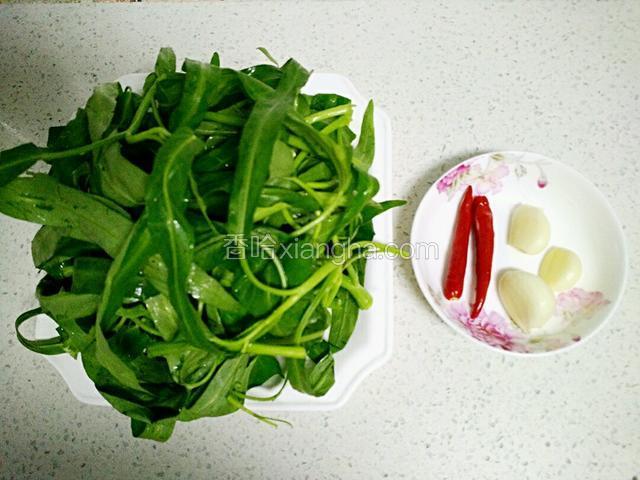 空心菜去掉老叶子，折成段洗净，小米椒、蒜洗净。