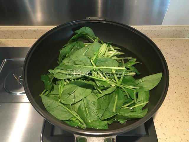 菠菜洗净，开水抄烫一下，去草酸。过凉水，备用。