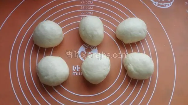 发酵完成用面包揉几下排气拿出，分成几个相同小面团揉均盖保鲜膜松弛十五分钟！