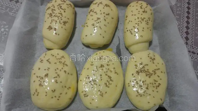 二次发酵40分钟，表面刷蛋液，撒些芝麻，烤箱提前预热，180度烤20分钟！