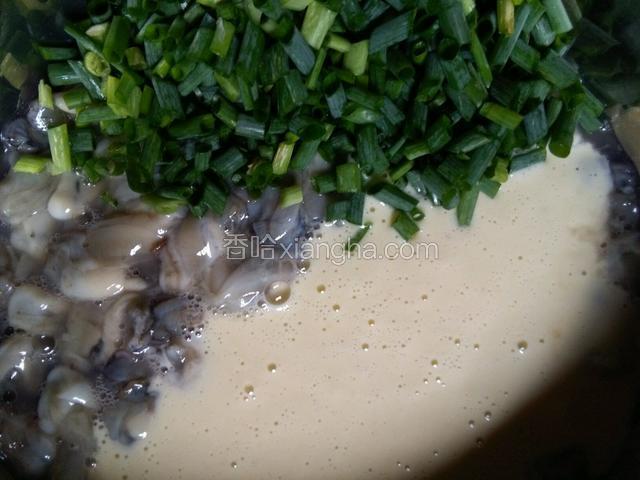 将调好的蛋液糊倒一半在盛有葱花的容器中，在放入一半的海蛎（因为我做了两种口味的）
