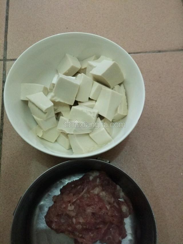 豆腐切小块，里脊肉剁碎，大蒜、葱切碎