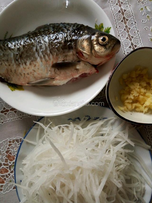 准备好食材，鲫鱼去掉内脏，清理干净，姜切末，白萝卜切丝。