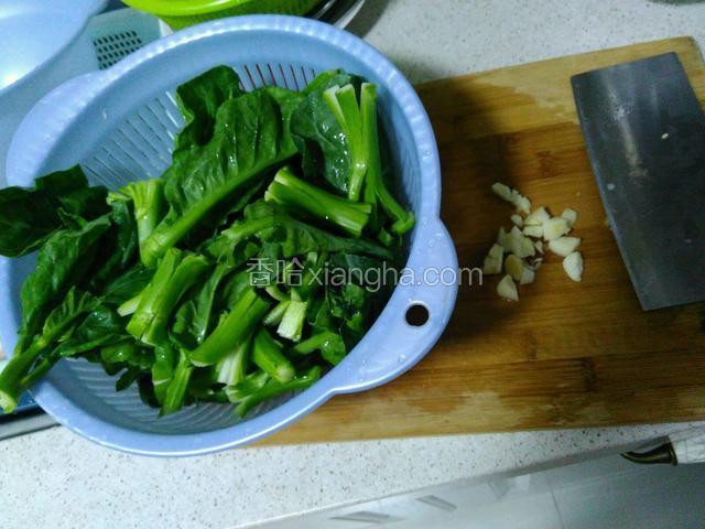 芥兰洗干净，把粗壮的杆子切开，十字形状！大蒜切碎，备用！