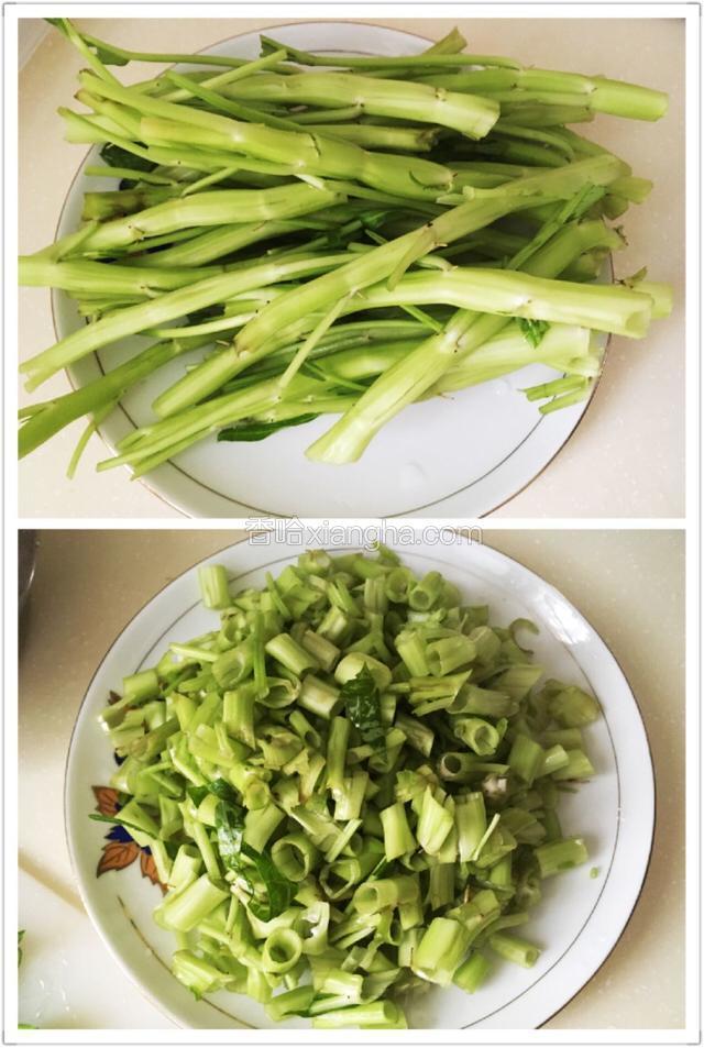 空心菜杆准备好。切小。