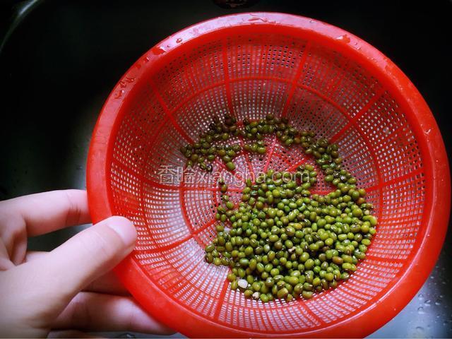 绿豆挑除杂物，用清水淘洗干净