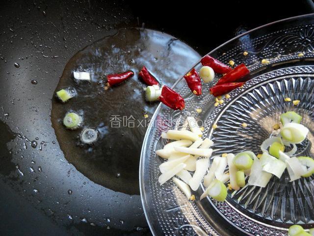 锅中加适量油，放入干辣椒、葱蒜炒出香味。