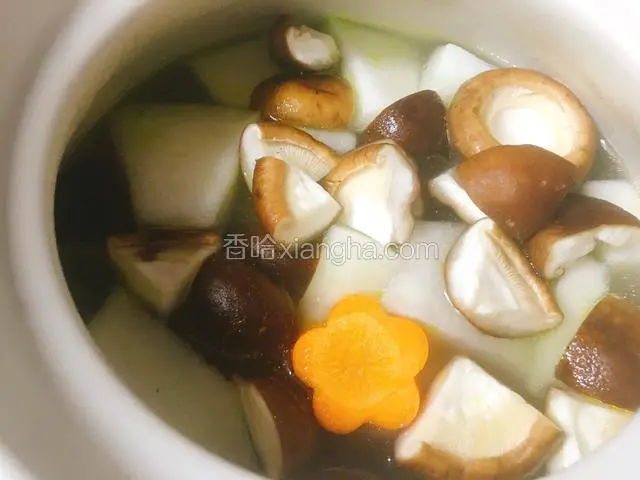 放入冬瓜、香菇胡萝卜，继续炖煮20分钟，冬瓜变透明即可。关火加盐，搅拌一下，用余温把盐化开。